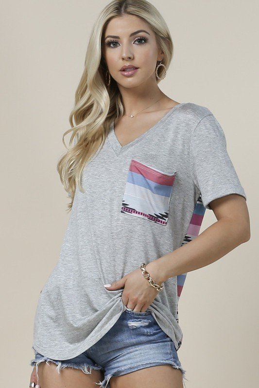 Leah Aztec Print Color Bock Top - Grey