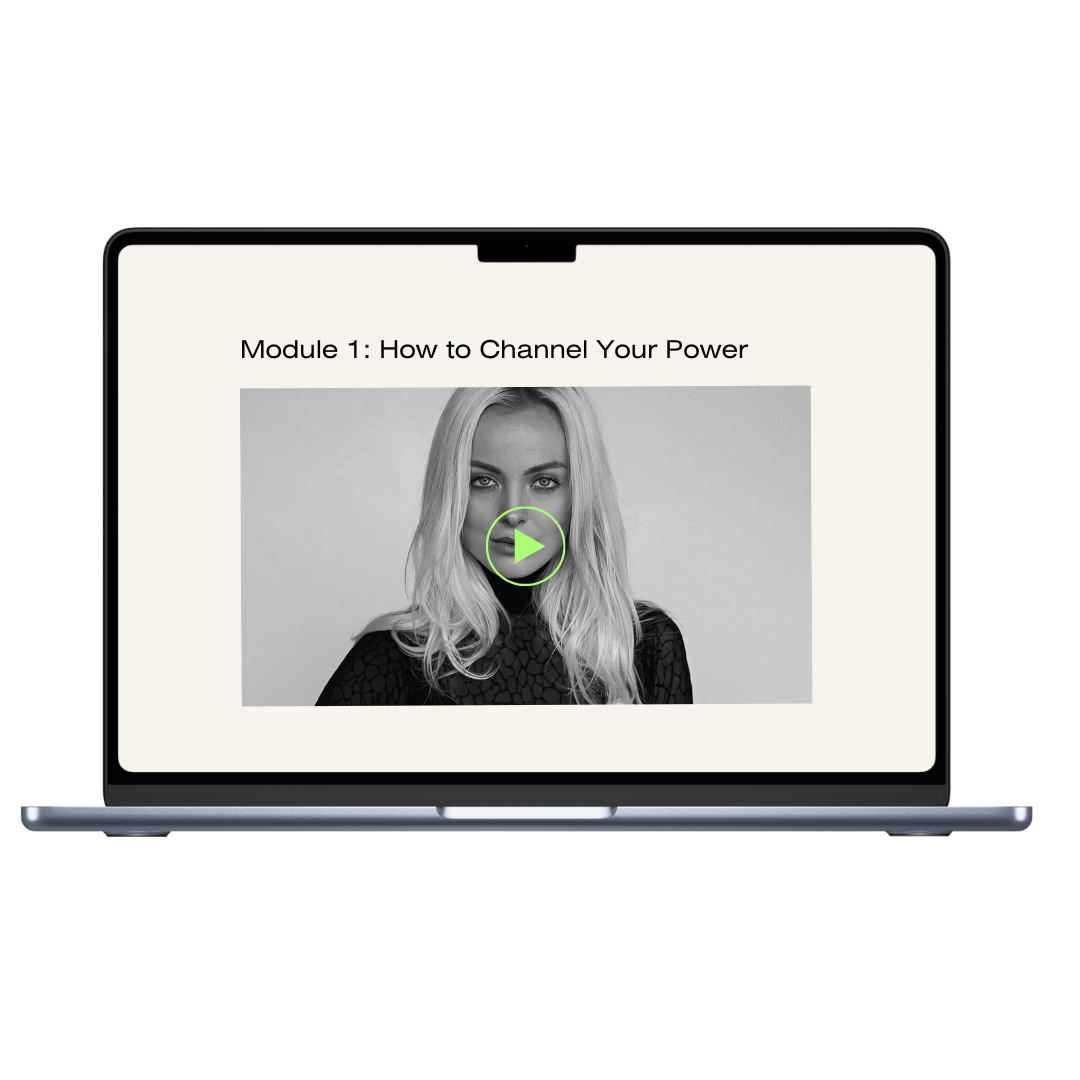 A laptop screen displaying an online course titled 'Module 1: How to Channel Your Power' with a black-and-white image of a blonde woman with wavy hair and a confident expression.