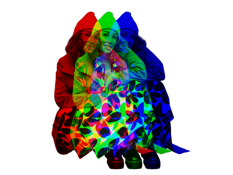 Little Door, a woman, sitting with multiple overlapping colored copies of herself, creating a rainbow-like, glitch effect