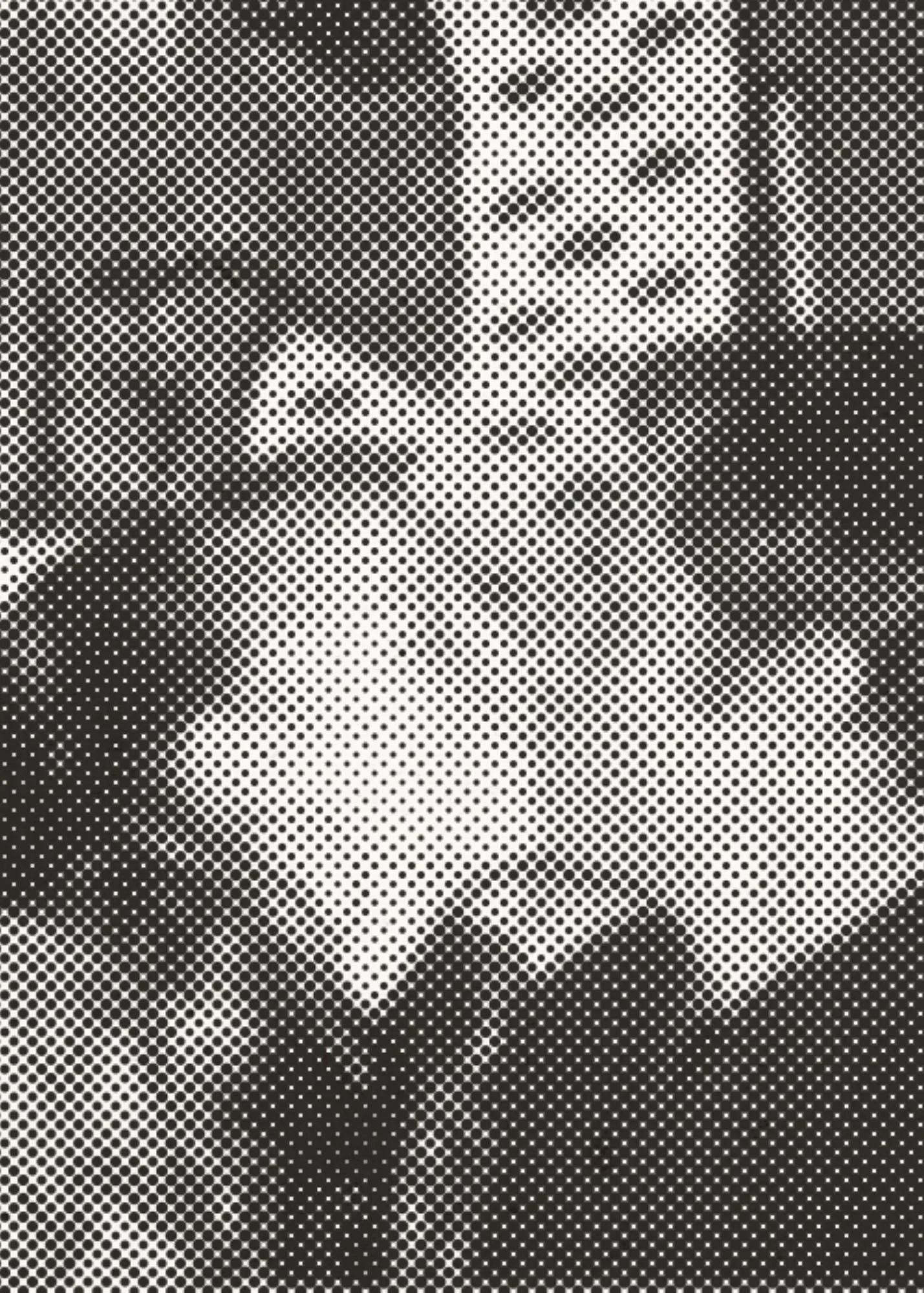 Art by Little Door. "Kissing Across Timelines." A highly pixilated black and white image of a woman and man kissing.