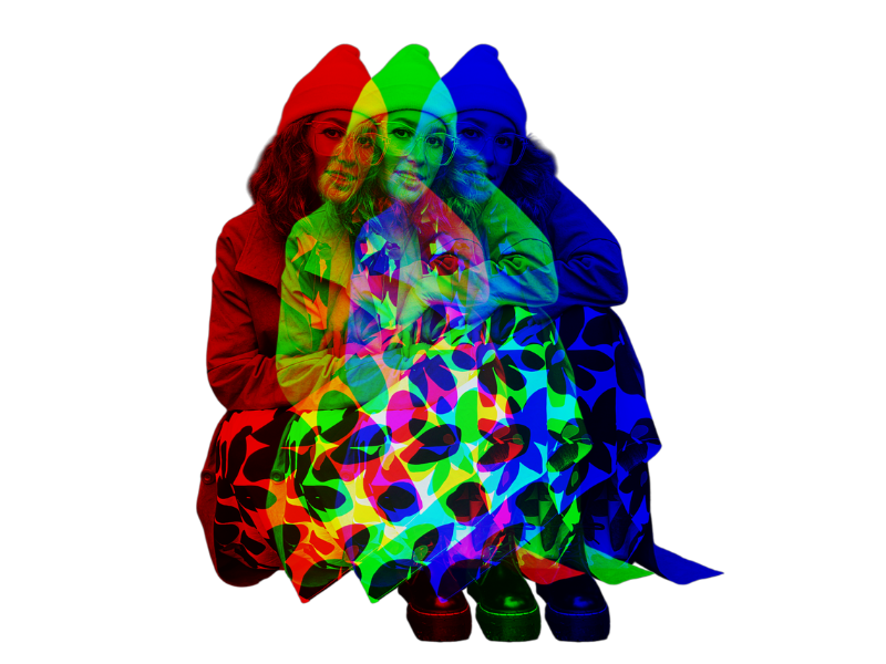 Little Door, a woman, sitting in a colorful, layered, and overlapping rainbow effect with a black background.