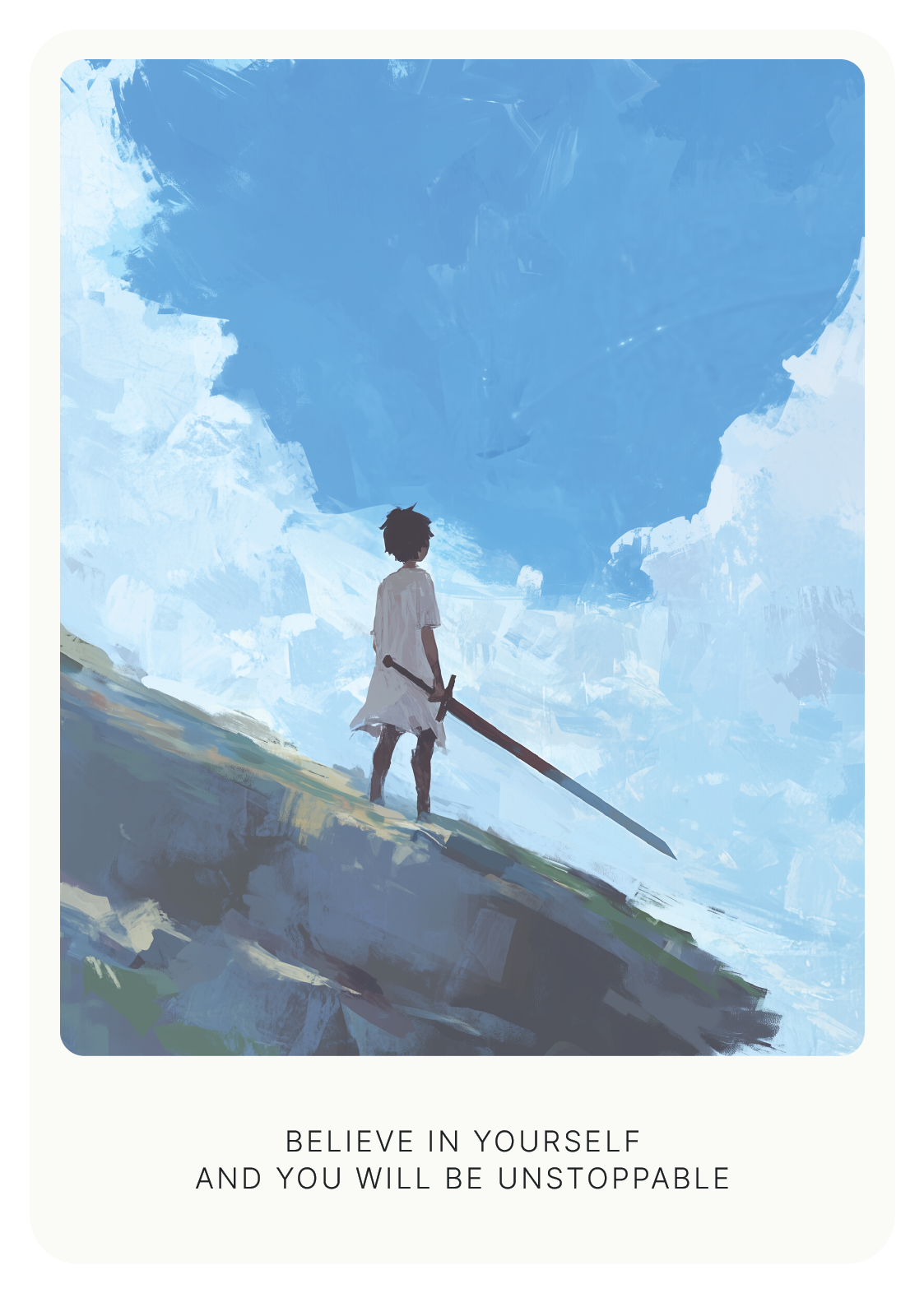 Artistic illustration of a person holding a sword on a hillside under a vast blue sky, with the text "Believe in yourself and you will be unstoppable."