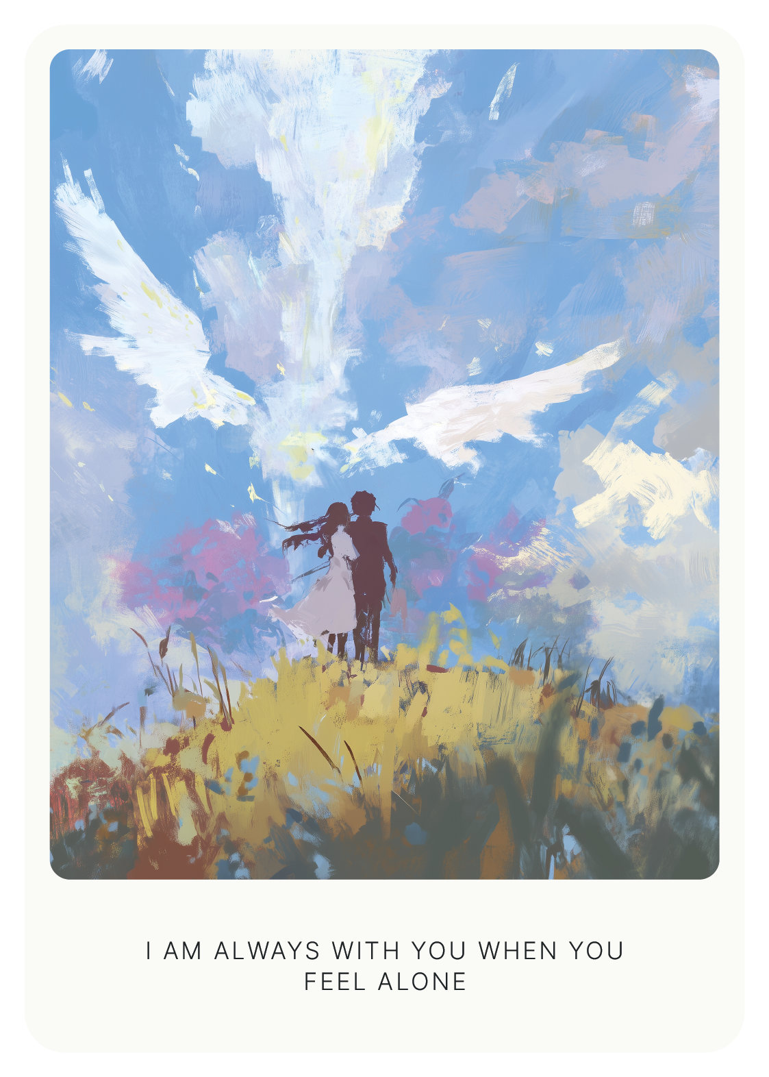 A silhouette of a couple standing in a field with an angelic figure in the sky and the text 'I am always with you when you feel alone.'