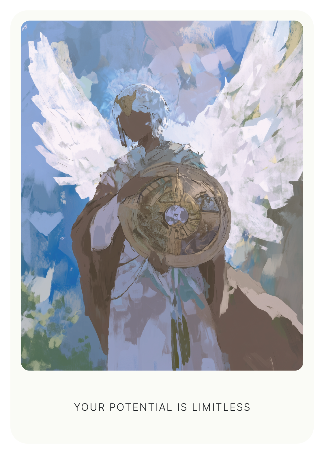 Abstract artwork depicting an angelic figure with large white wings holding a circular, intricate object against a blue sky. Text at the bottom reads "Your potential is limitless."