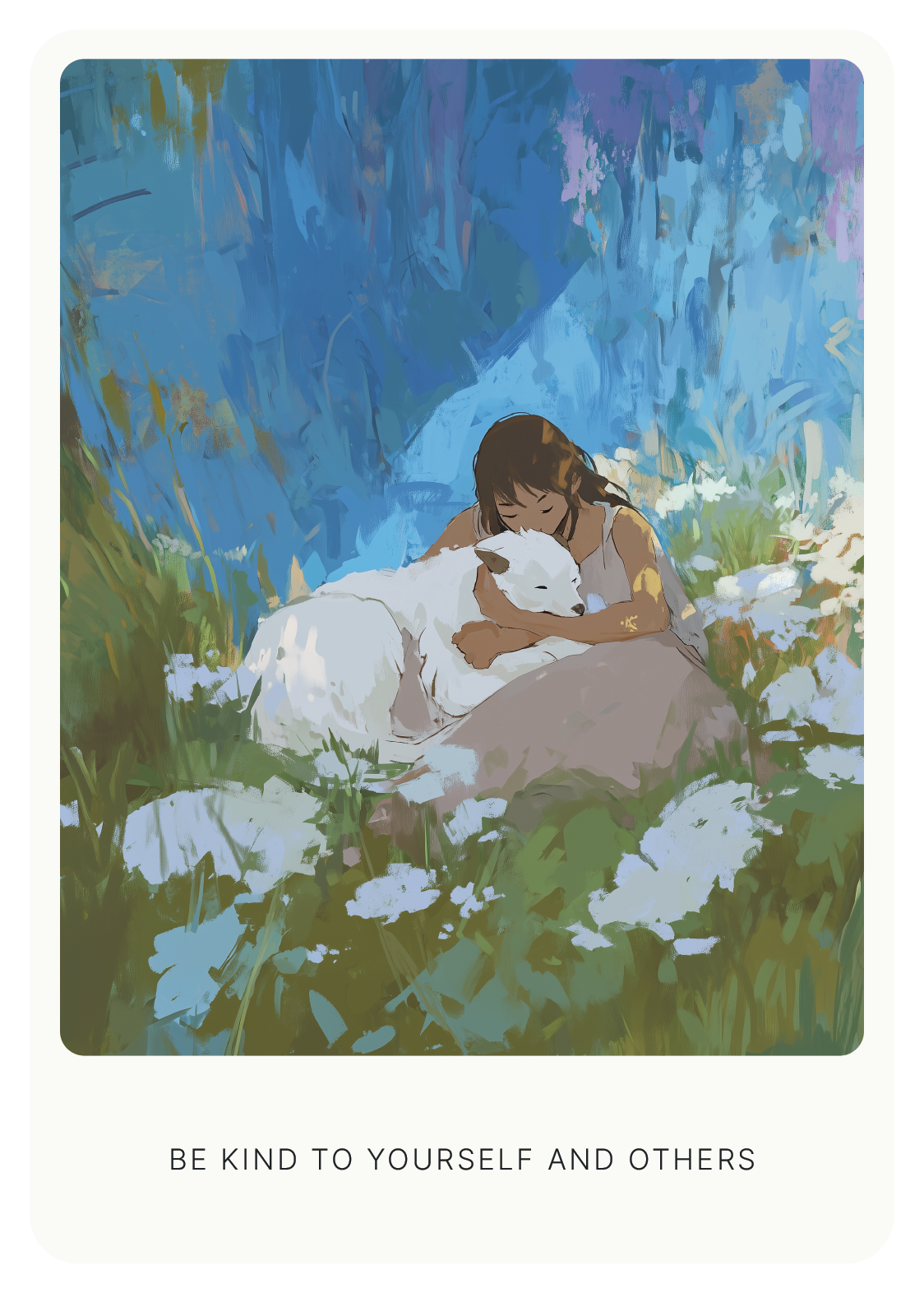 Illustration of a person hugging a white dog in a meadow with wildflowers, against a blue background. Text reads "Be kind to yourself and others."