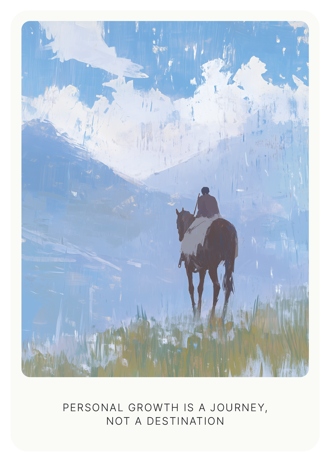 Painterly illustration of a person riding a horse in a mountain landscape with the text 'Personal growth is a journey, not a destination'.