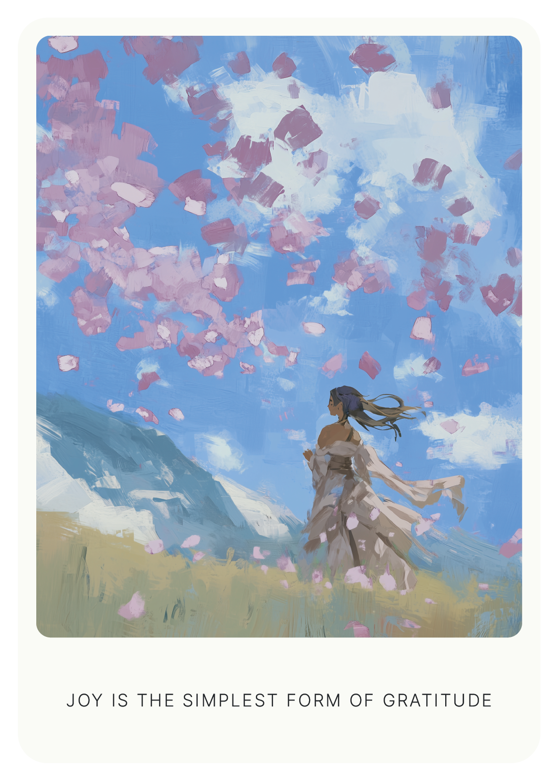 Woman in flowing dress on grassy hill with pink petals in the air, blue sky background; text reads "Joy is the simplest form of gratitude."