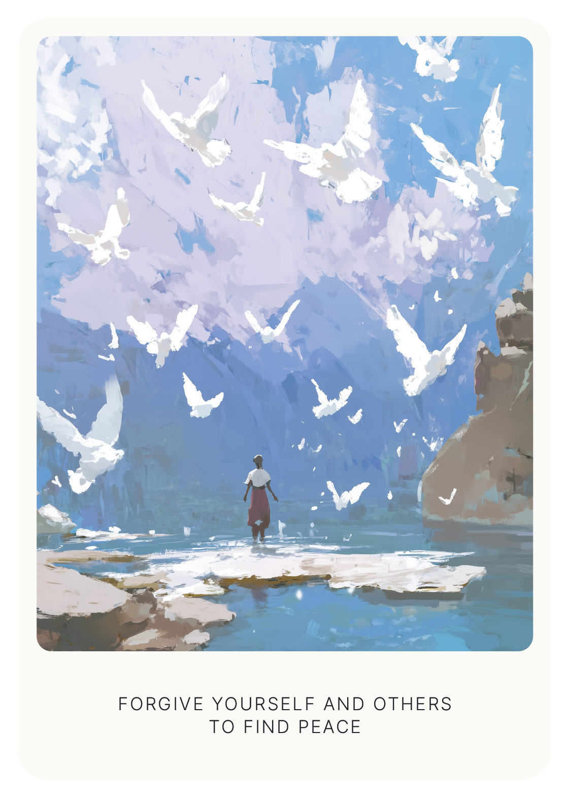Illustration of a person standing on a beach surrounded by flying white doves, with a blue sky and rocky cliffs in the background. The text reads, 'Forgive yourself and others to find peace.'