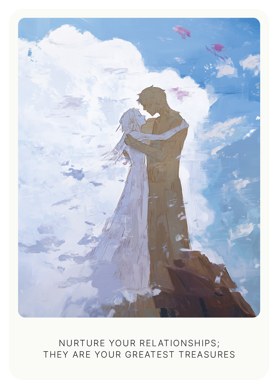 Silhouetted couple embracing against a cloudy blue sky, with the text "Nurture your relationships; they are your greatest treasures" below.