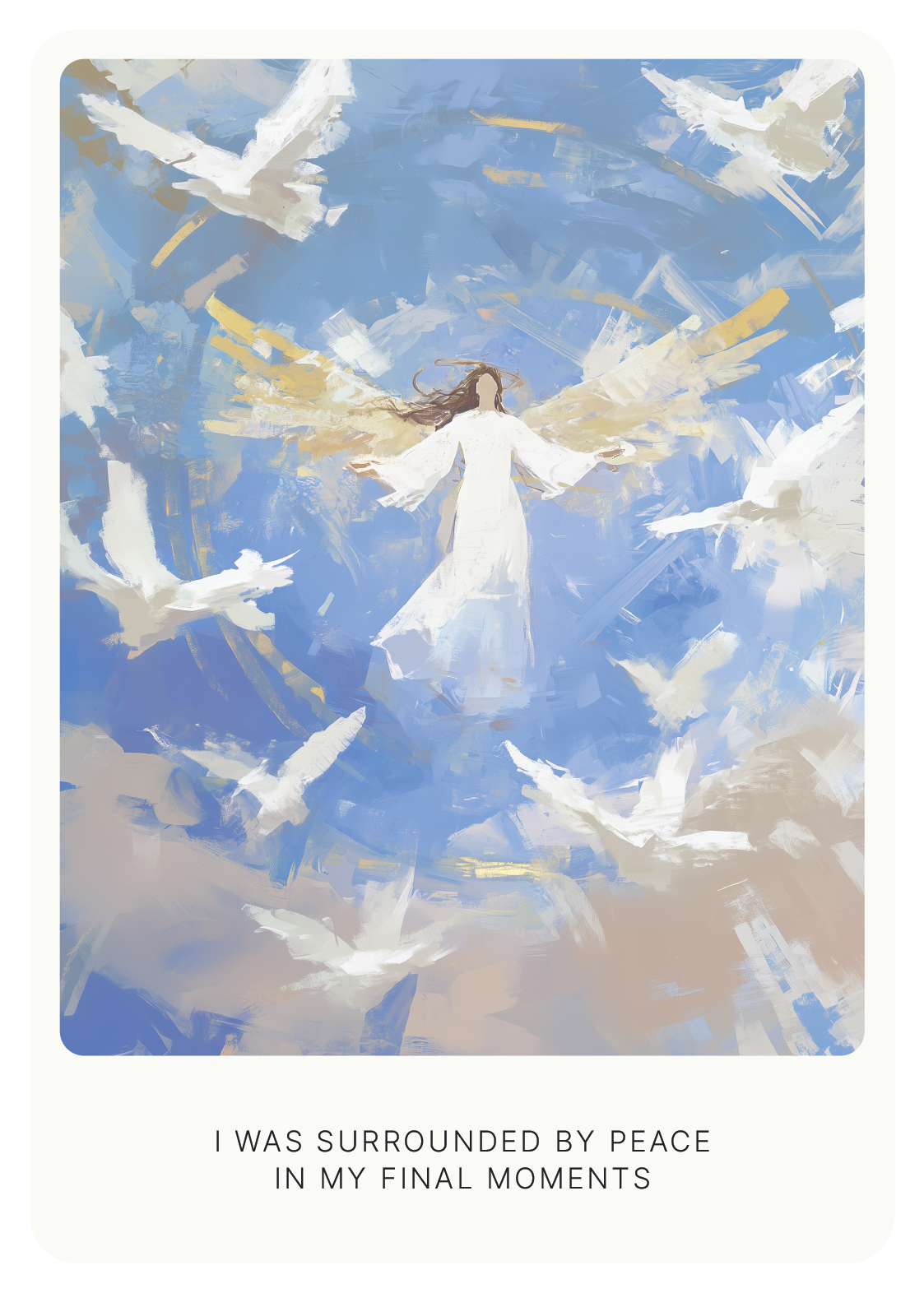 Illustration of angelic figure surrounded by doves in a blue sky