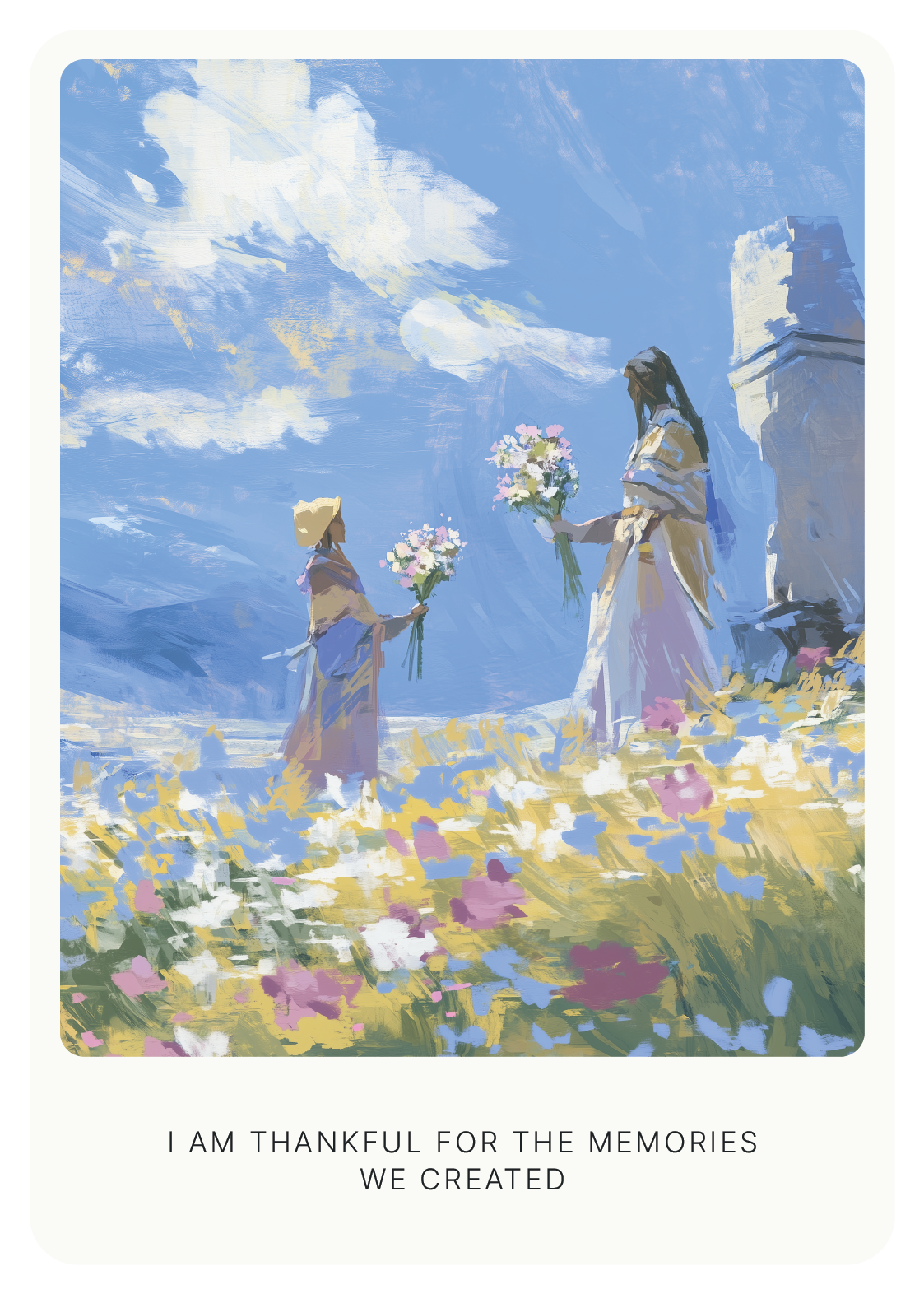 Two figures in a field of colorful flowers exchanging bouquets under a bright blue sky, with a tower in the background. Text below reads, 'I am thankful for the memories we created.'