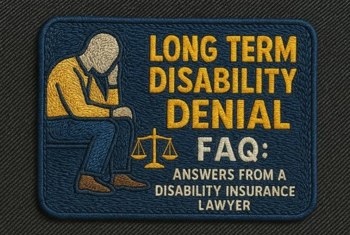Embroidered patch design featuring the title 'Long Term Disability Denial FAQ: Answers from a Disability Insurance Lawyer' in stitched lettering, set against a textured black fabric background reminiscent of a backpack.