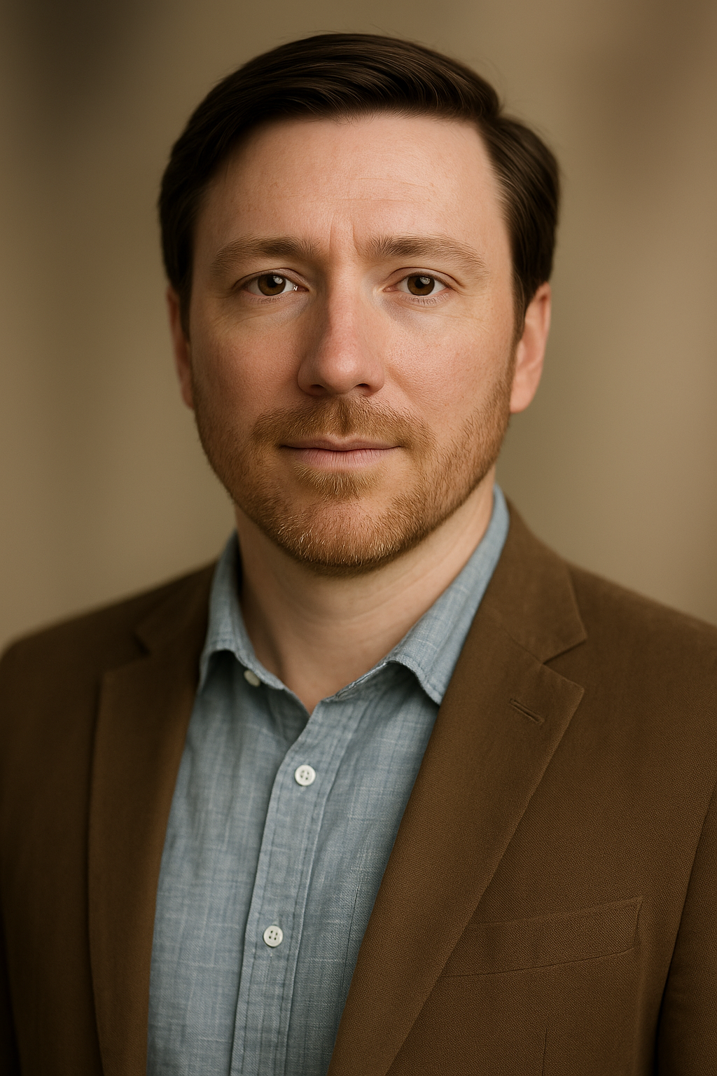 A photo of a man with brown hair, a light beard, wearing a brown blazer over a blue button-up shirt, looking directly at the camera with a neutral expression.