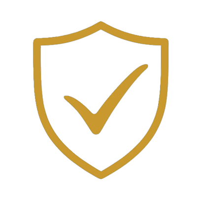A gold shield with a check mark symbolizing security