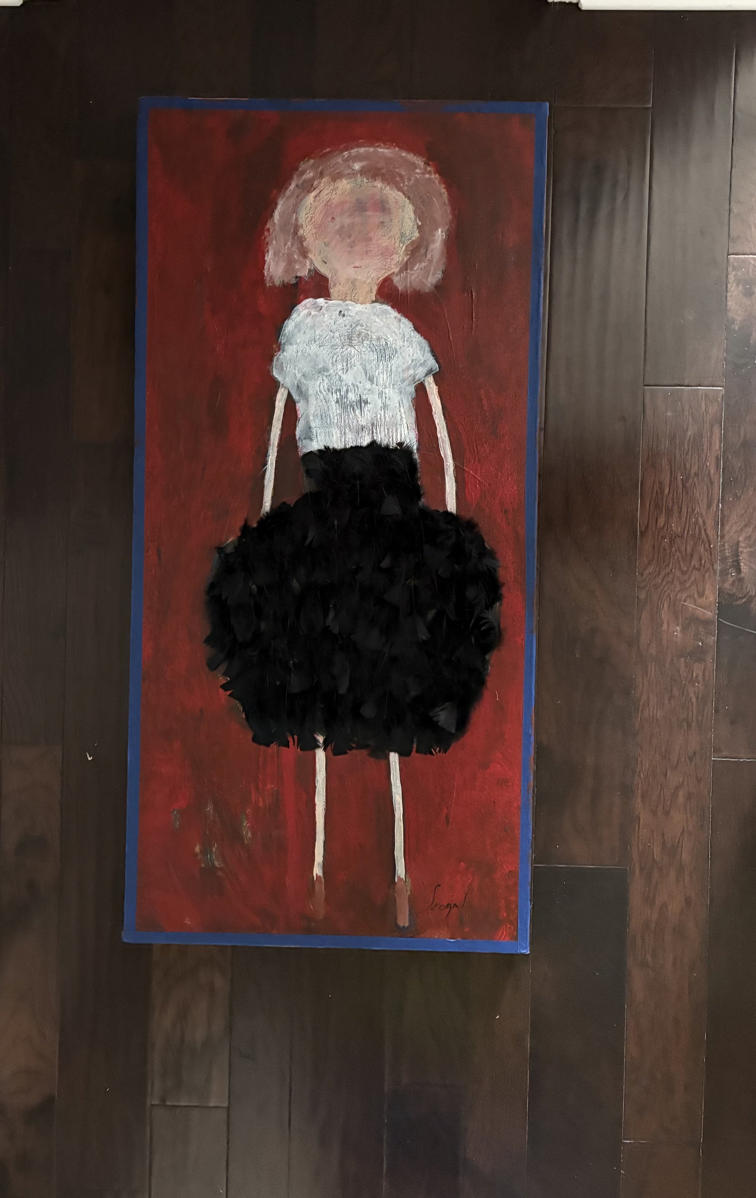 P106
Dimensions 52"L X 25"W mixed media ( feathers) on canvas. Unframed