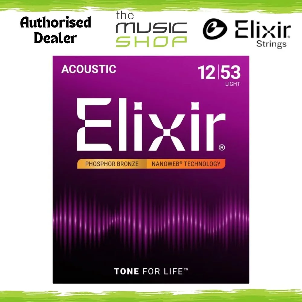 Box of 12 x Elixir Nanoweb Acoustic Guitar Strings, Phosphor Bz, 12-53 - 16052