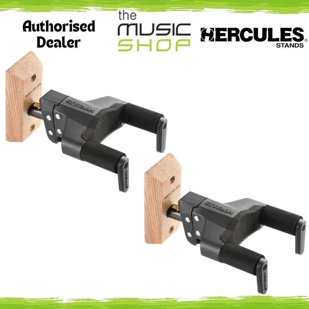 2 x Hercules Auto Grip System Guitar Wall Hangers with Wood Block - GSP38WB PLUS