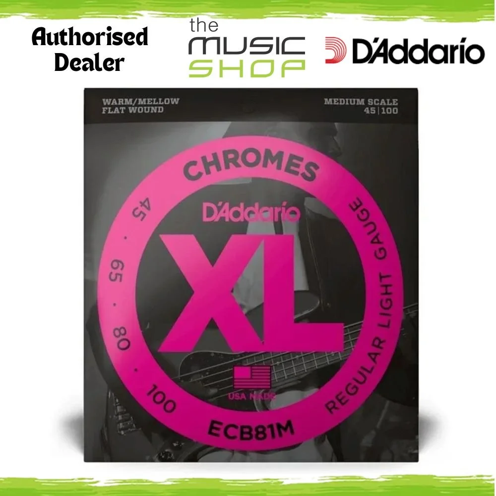 D'Addario XL Chromes 45-100 Medium Scale Flat Wound Bass Guitar Strings - ECB81M
