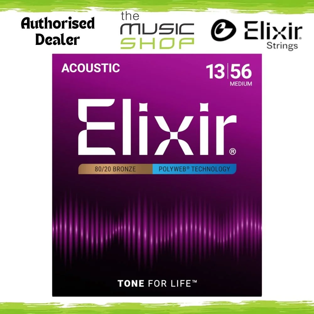 Elixir Polyweb Acoustic Guitar Strings, 80/20 Bronze, Medium 13-56 - 11100