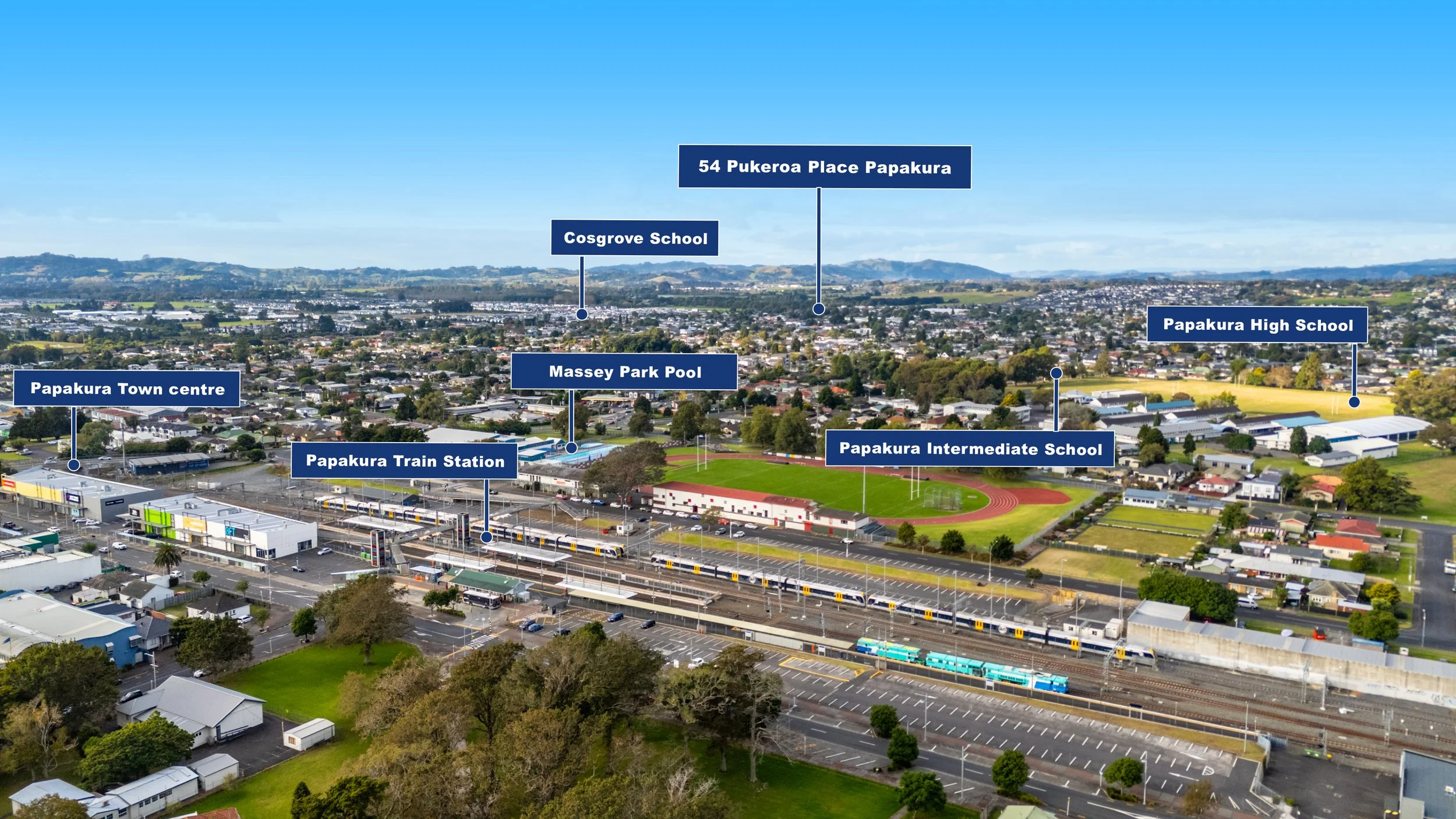 An aerial view of Papakura, New Zealand, showing landmarks labeled with blue tags: Papakura Town Centre, Papakura Train Station, Massey Park Pool, Papakura Intermediaate School, Papakura High School, 54 Pukeroa Place Papakura, Cosgrove School, and a 