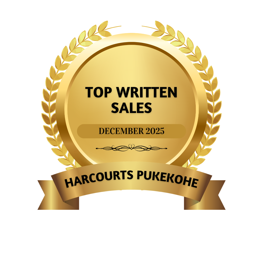 Gold award badge with laurel wreath, text 'Top Written Sales December 2025' and 'Harcourts Pukekohe'