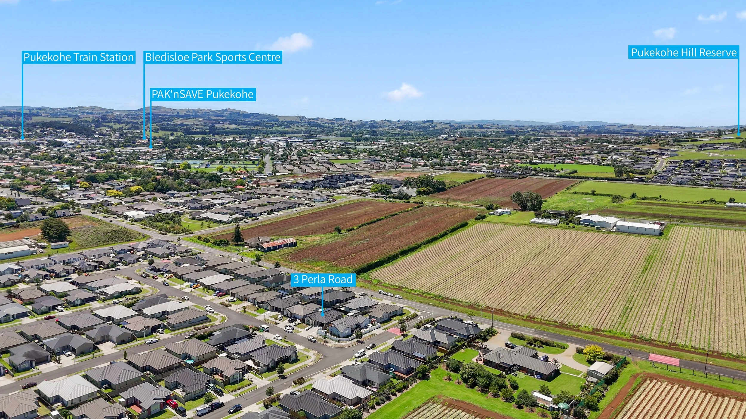 Aerial view of a suburban neighborhood with labeled landmarks including Pukekohe Train Station, Bledisloe Park Sports Centre, PAK'nSAVE Pukekohe, Pukekohe Hill Reserve, and 3 Perla Road, showing residential houses, fields, and sports facilities under