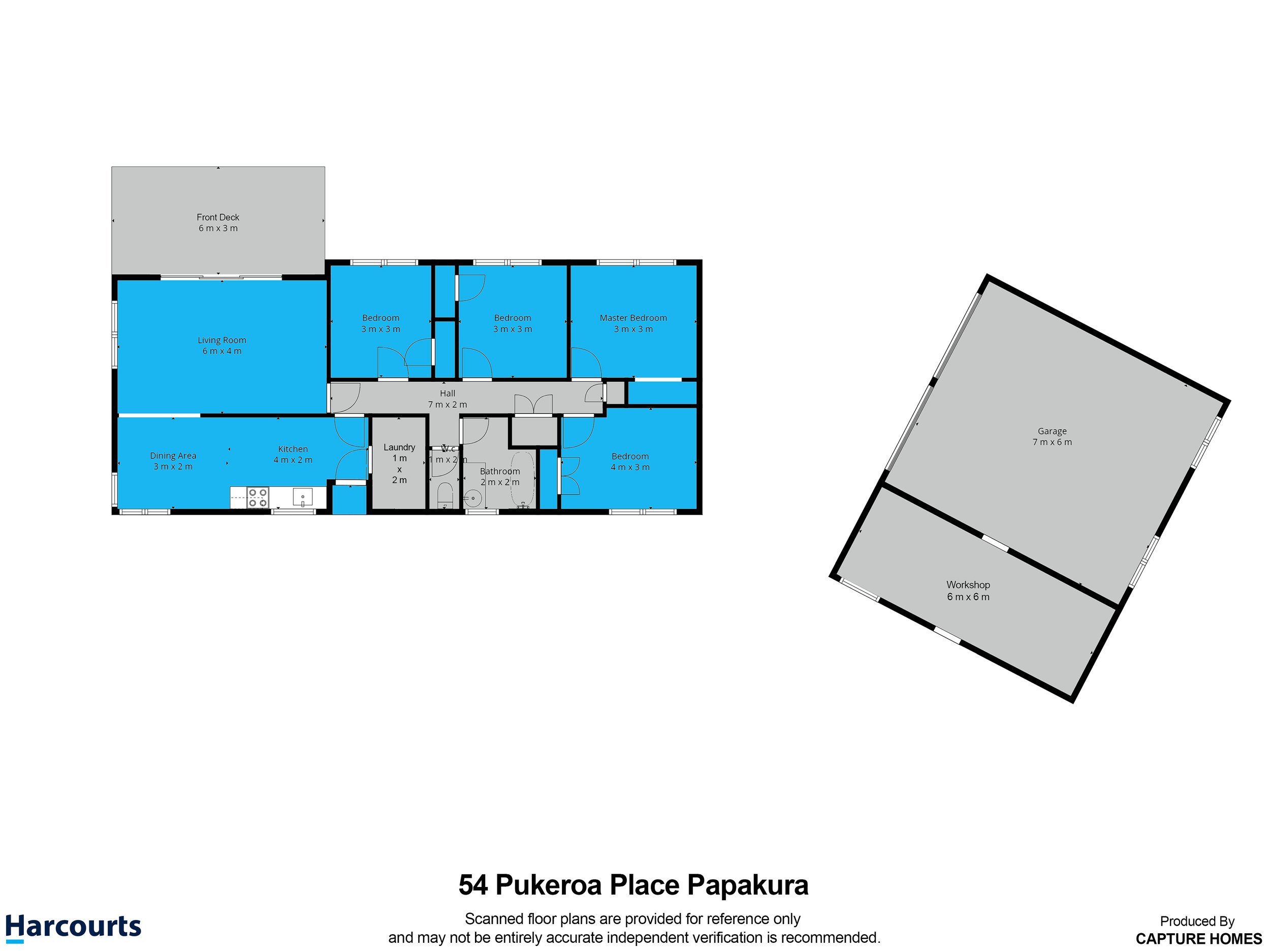 Floor plan of a house at 54 Pukeroa Place Papakura. The plan includes a living room, kitchen, dining area, laundry, bathroom, four bedrooms, hall, and front deck. There is also a separate garage and workshop building.