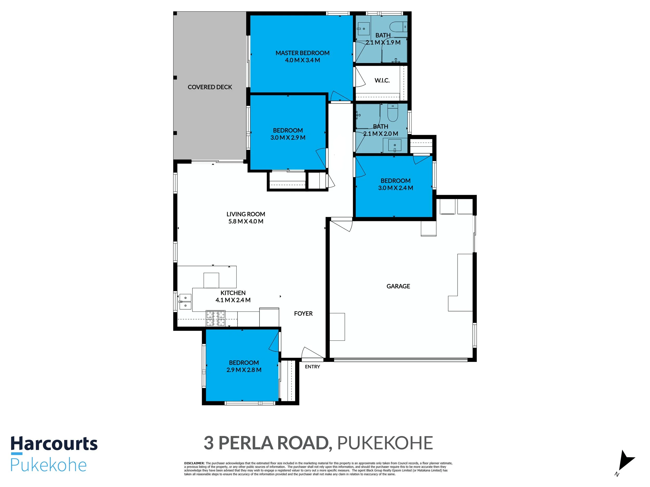 Floor plan of a house located at 3 Perla Road, Pukekohe, showing living areas, bedrooms, bathrooms, a garage, a covered deck, and connecting hallways with measurements for each room.