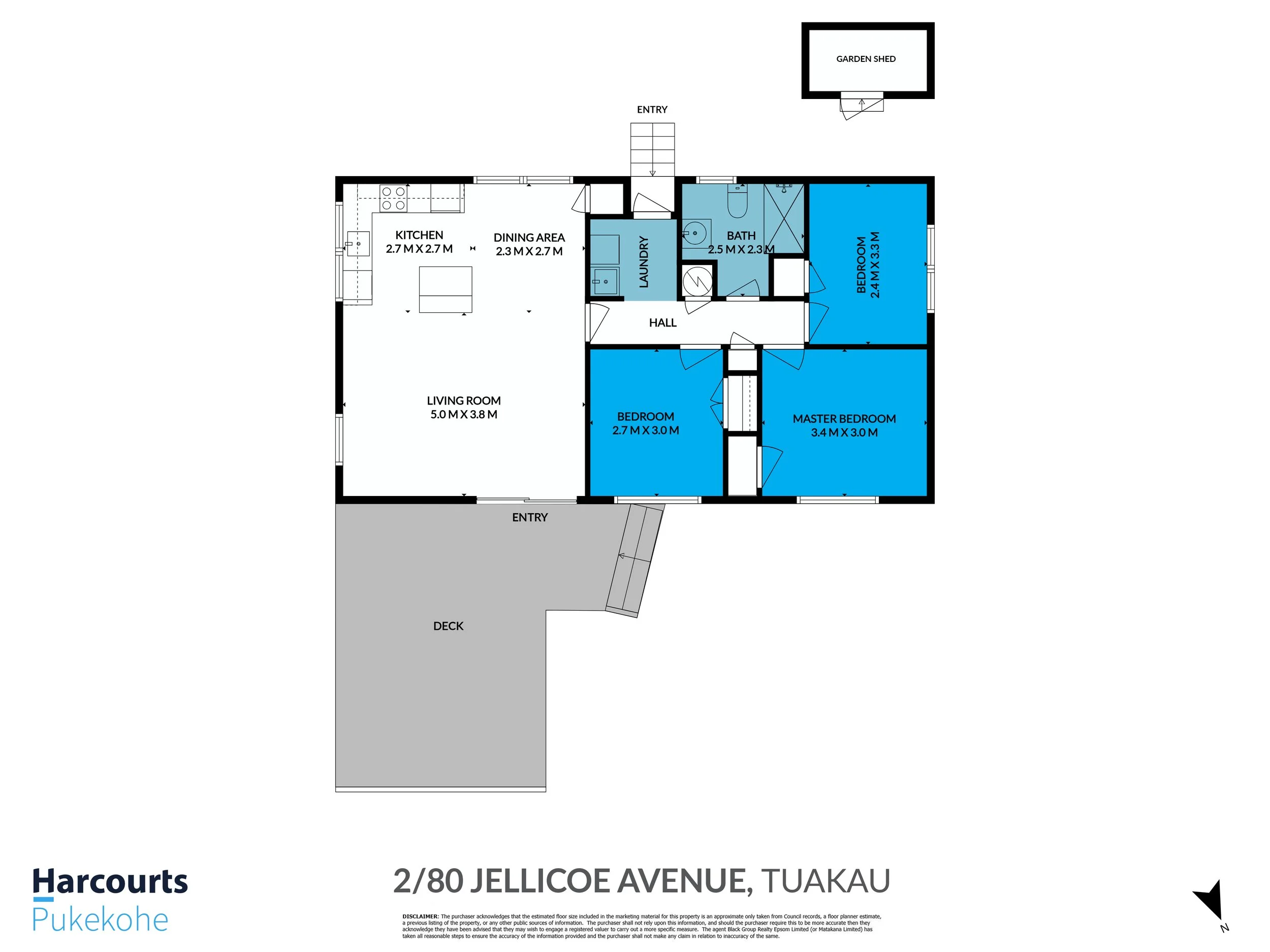 Floor plan of a house at 2/80 JELLICOE AVENUE, TUAKAU, showing a deck, living room, kitchen, dining area, laundry, bathroom, three bedrooms including a master bedroom, and a garden shed.