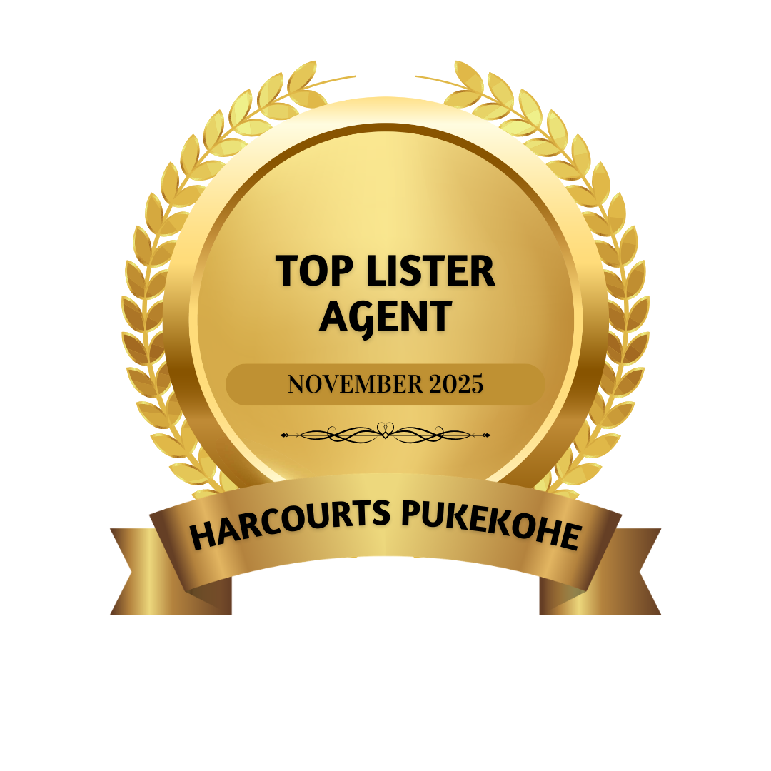 Gold award badge with laurel wreath, labeled 'Top Lister Agent November 2025' and 'Harcourts Pukekohe'.