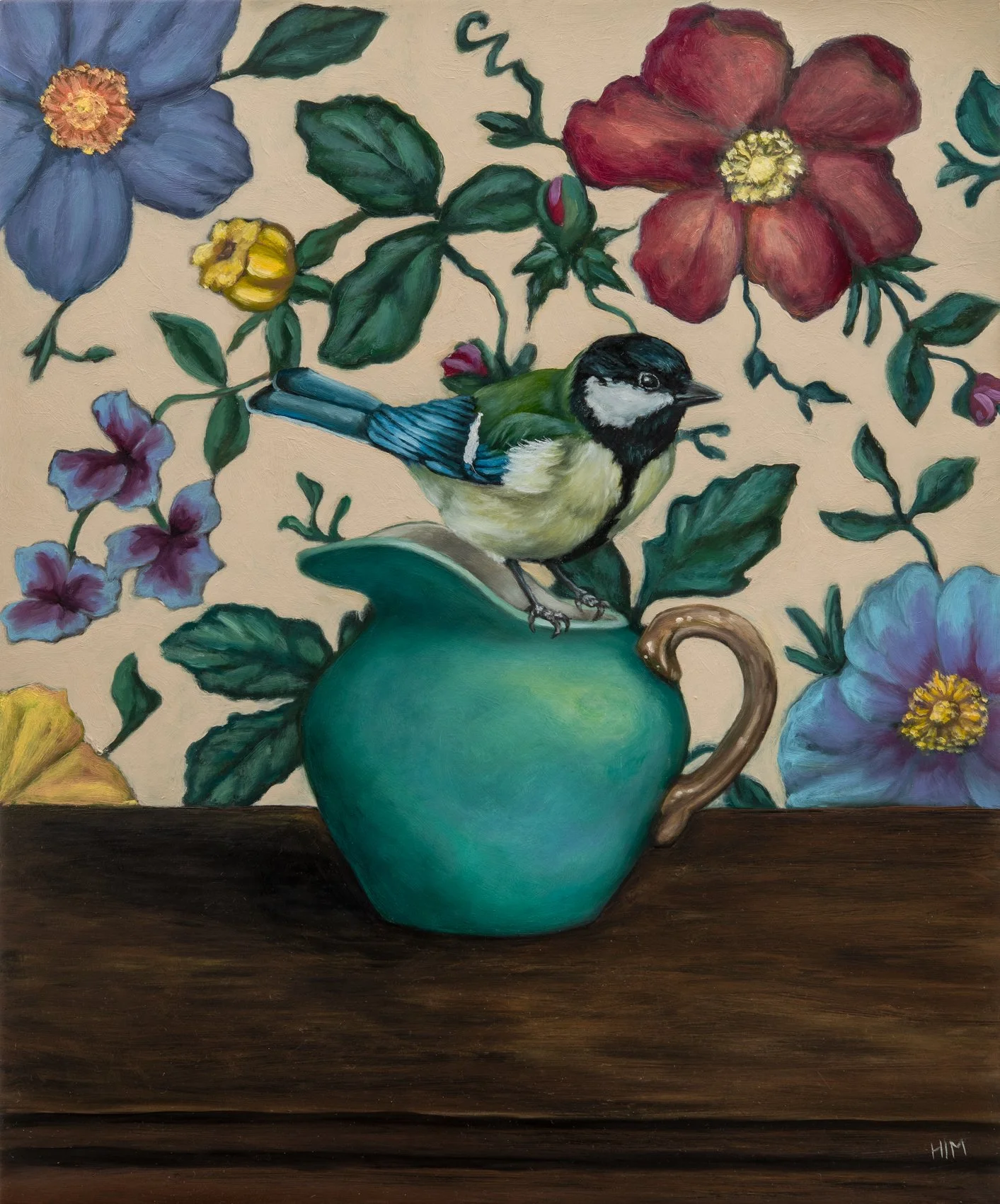 A painting of a great tit perched on a green jug with a floral wallpaper in the background