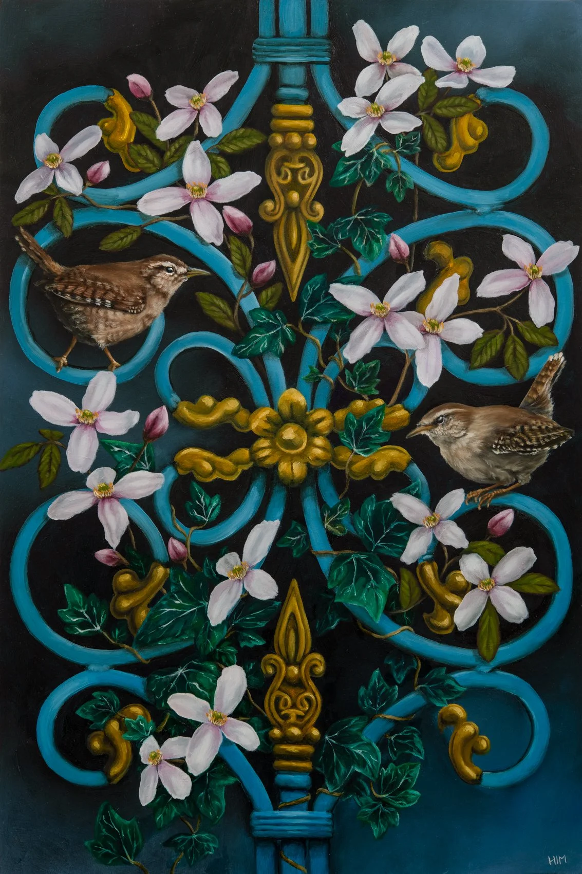 a painting of 2 wrens perches on some blue iron railings with wildflowers growing around them.