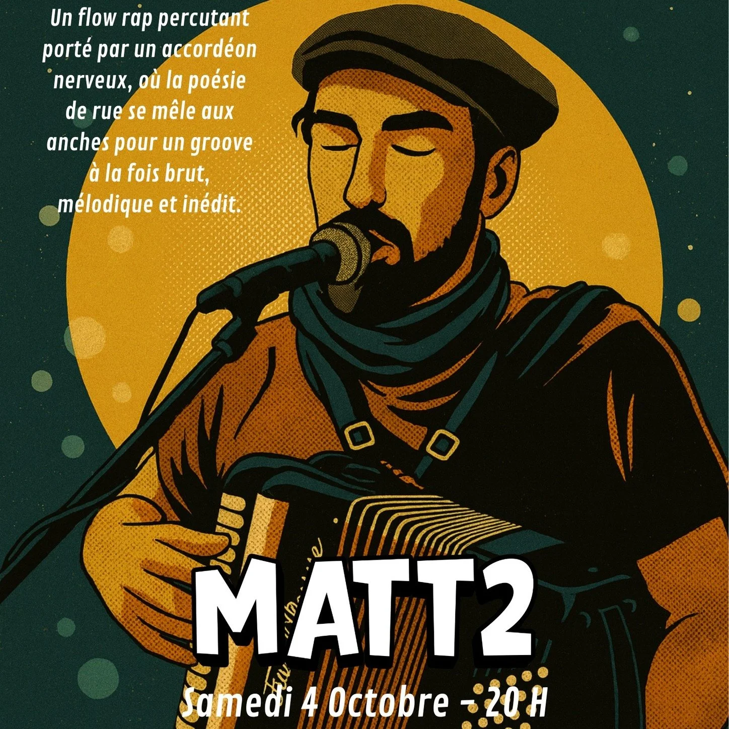 🎶✨ Samedi soir, 20h &ndash; Concert exceptionnel aux Lapins Bleus ! 🐇💙

Nous avons le plaisir d&rsquo;accueillir MATT2 (Mattwo)
Son flow rap percutant est port&eacute; par un accord&eacute;on nerveux, o&ugrave; la po&eacute;sie de rue se m&ecirc;l