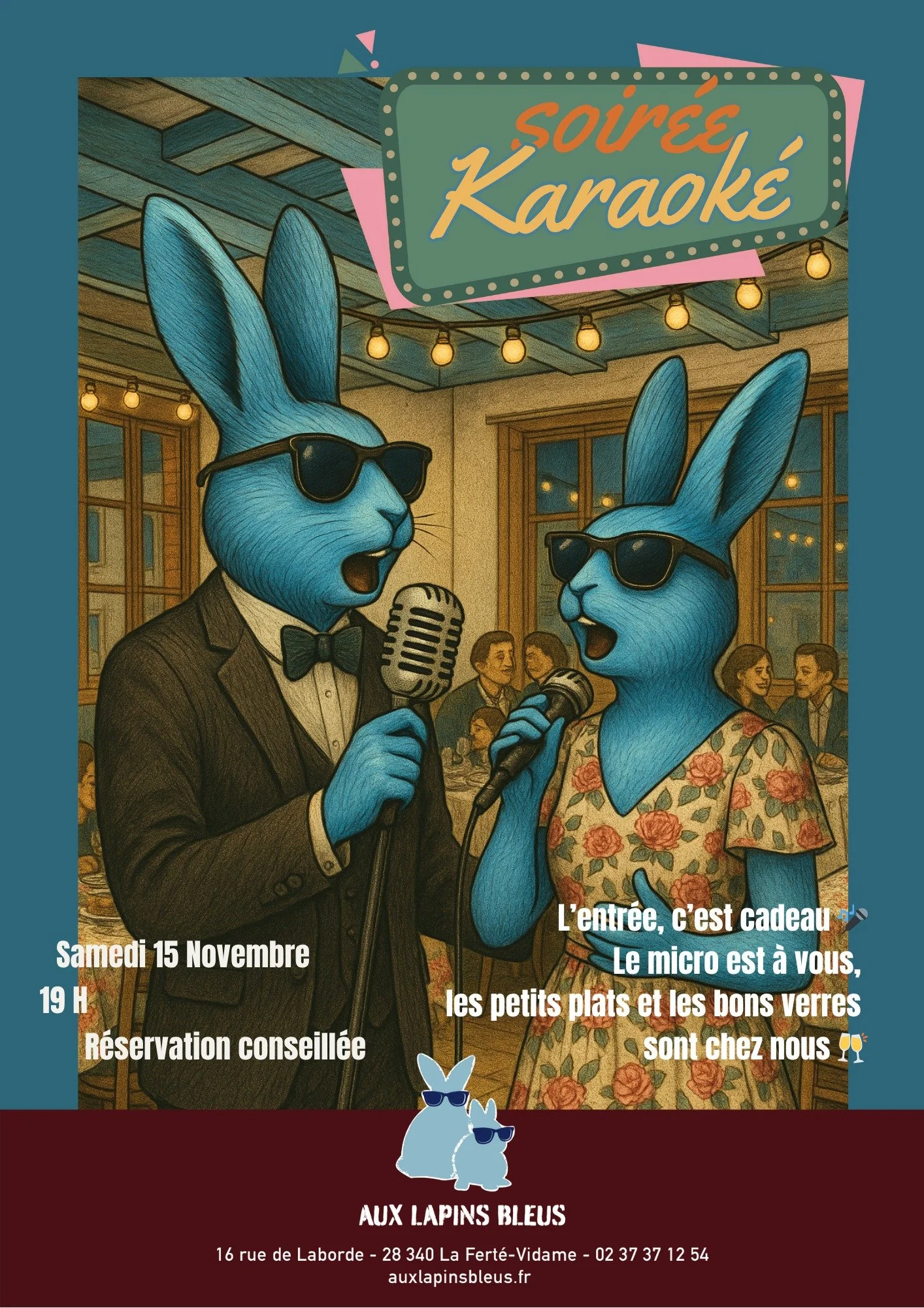 Ce soir, c&rsquo;est karaok&eacute; Aux Lapins Bleus !
Une soir&eacute;e conviviale, pleine de rires, de musique et de bons verres &agrave; partager.
Les micros sont pr&ecirc;ts, la sc&egrave;ne vous attend.
R&eacute;servation conseill&eacute;e : 02 