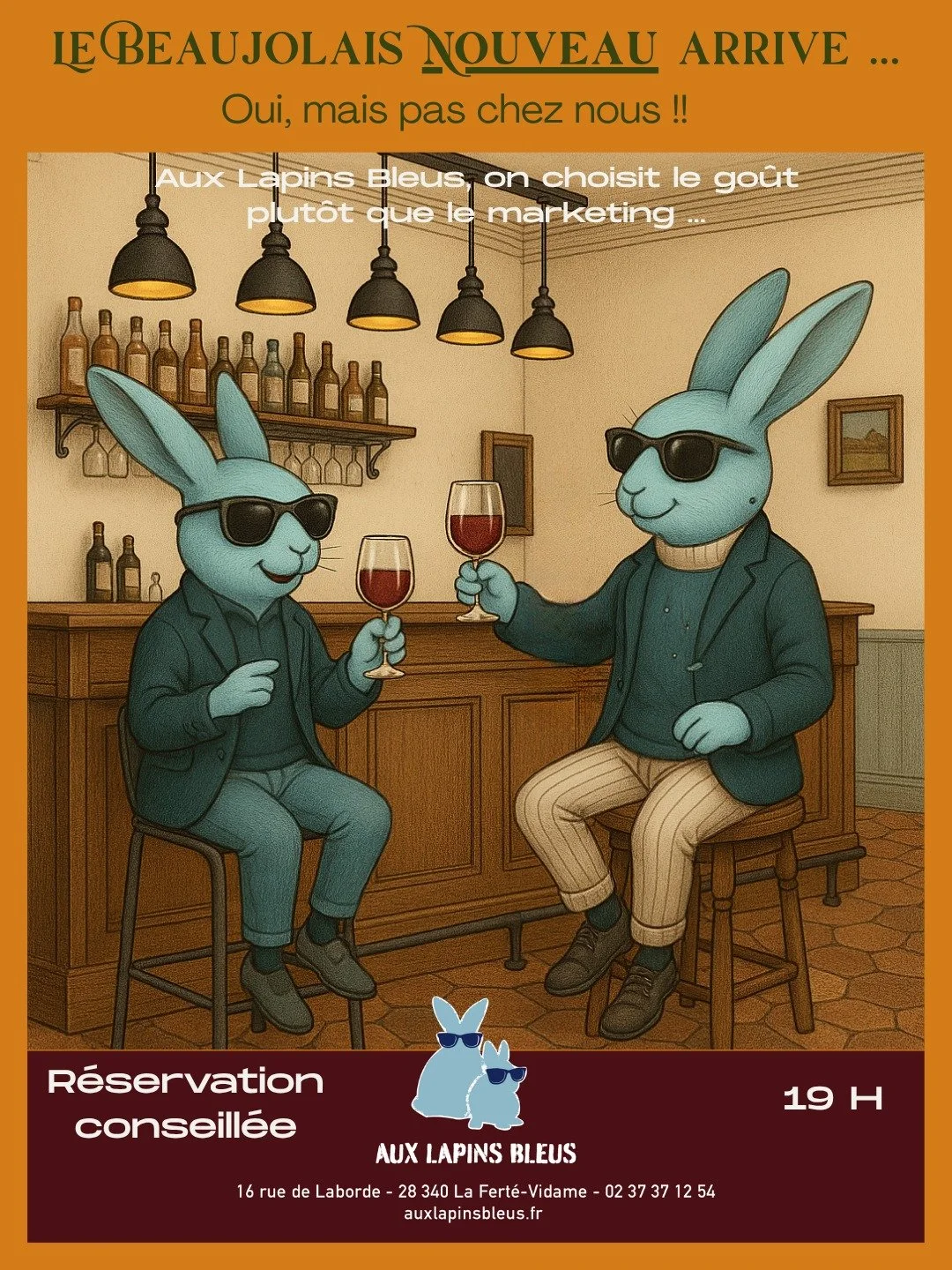 Jeudi 20 novembre, Aux Lapins Bleus f&ecirc;te le Beaujolais&hellip; mais pas le nouveau.
Nous pr&eacute;f&eacute;rons &eacute;viter les ar&ocirc;mes approximatifs et les effets de marketing.
&Agrave; la place, nous servirons un vrai Beaujolais : un 