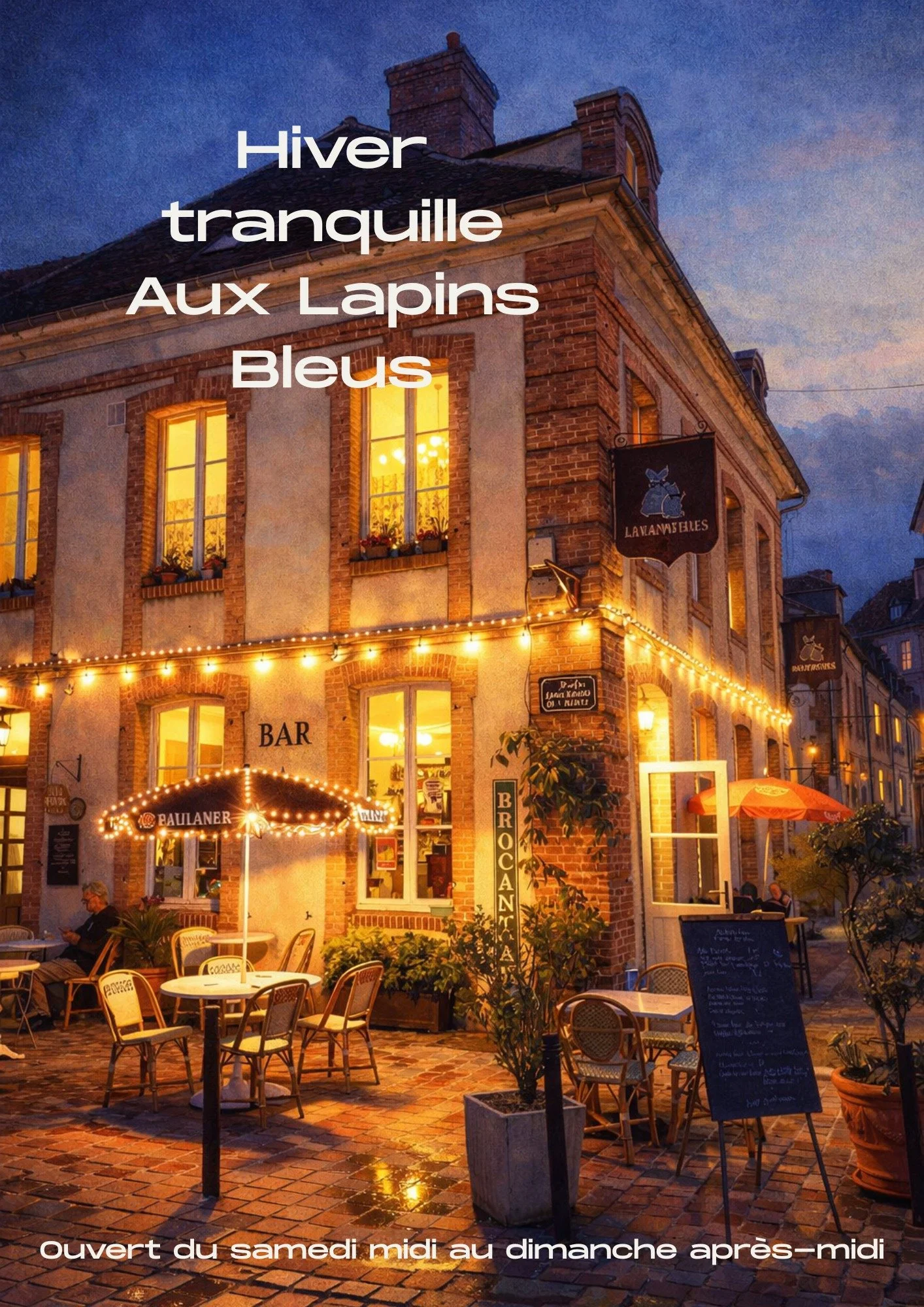 ❄️ Hiver tranquille aux Lapins Bleus

Du samedi 10 janvier au dimanche 8 f&eacute;vrier, le restaurant et le bar Aux Lapins Bleus passent en rythme l&eacute;ger :
👉 ouverts uniquement
&ndash; samedi midi et soir
&ndash; dimanche midi et apr&egrave;s