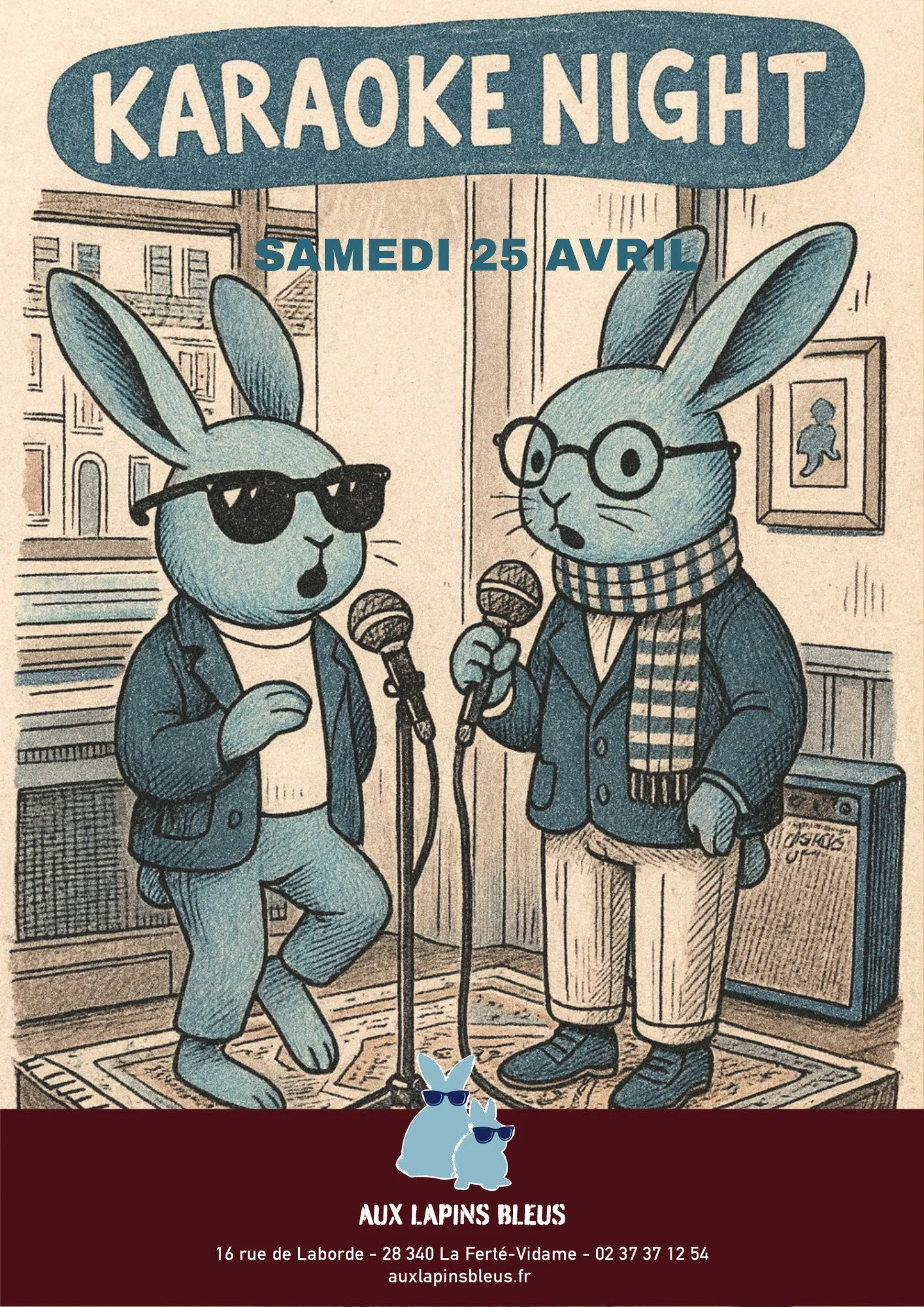 Demain soir on d&icirc;ne. Et on chante.
Karaoke Night aux Lapins Bleus &mdash; 20h.
Micros ouverts &agrave; tous. M&ecirc;me (surtout) aux faux.
R&eacute;servation obligatoire 👇
📞 02 37 37 12 54
📍 La Fert&eacute;-Vidame | auxlapinsbleus.fr

#kara