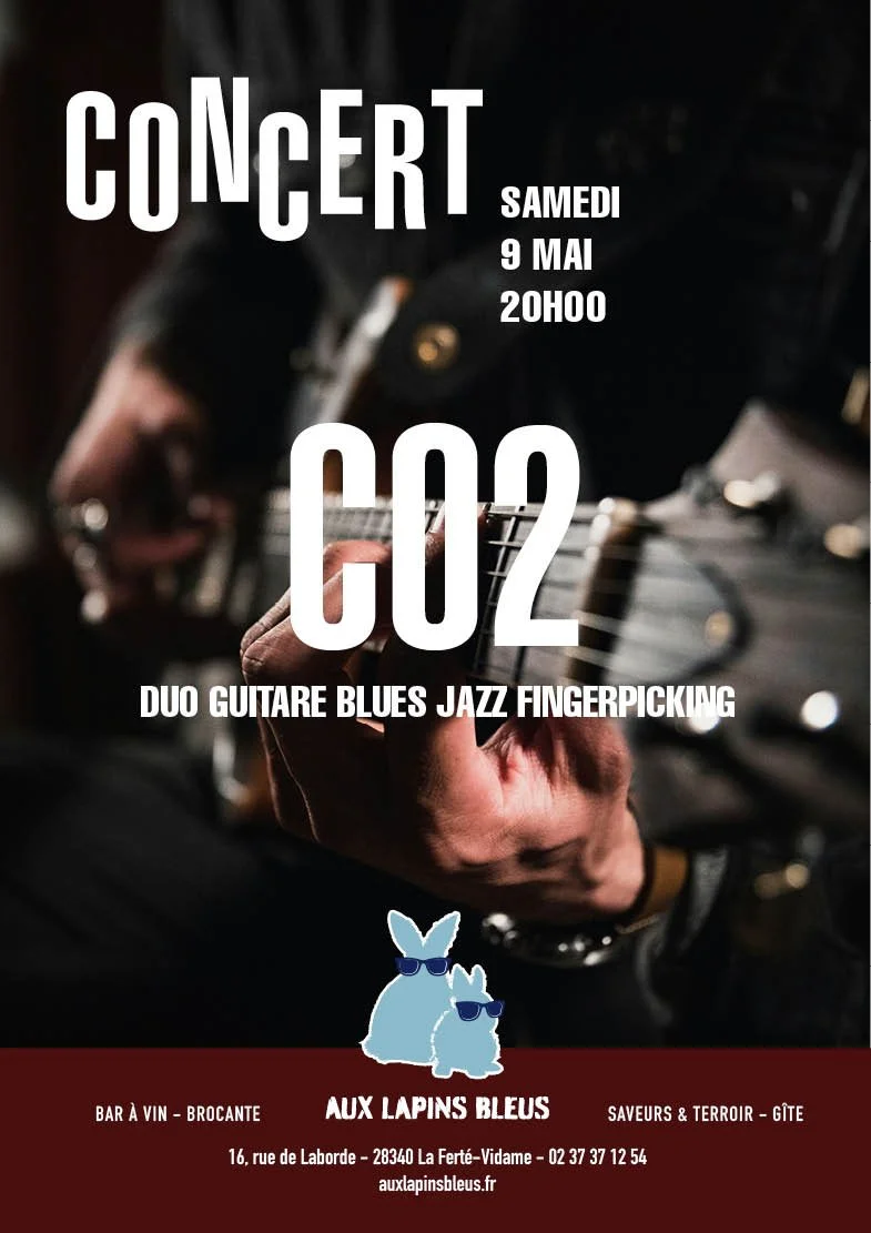 En mai les concerts &ccedil;a plait.
On commence avec un duo guitare Blues/jazz fingerpicking (jou&eacute; aux doigts pas au m&eacute;diator). 
Rendez-vous samedi prochain 9 mai &agrave; 20h00.