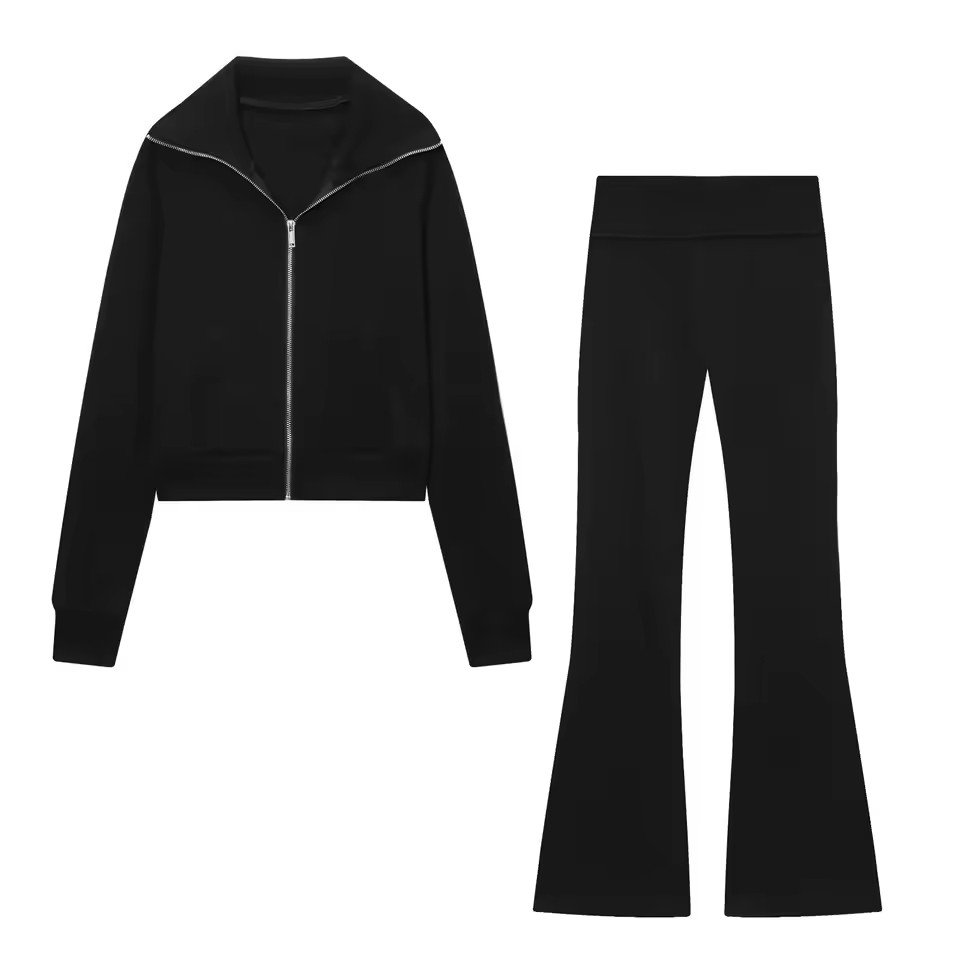 Chic Comfort Fleece Jacket and Flared Trousers Set black