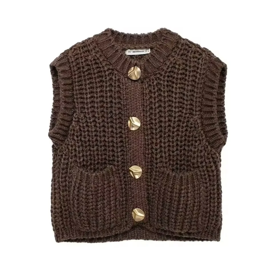 Brown chunky knitted vest with large gold buttons and two front pockets
