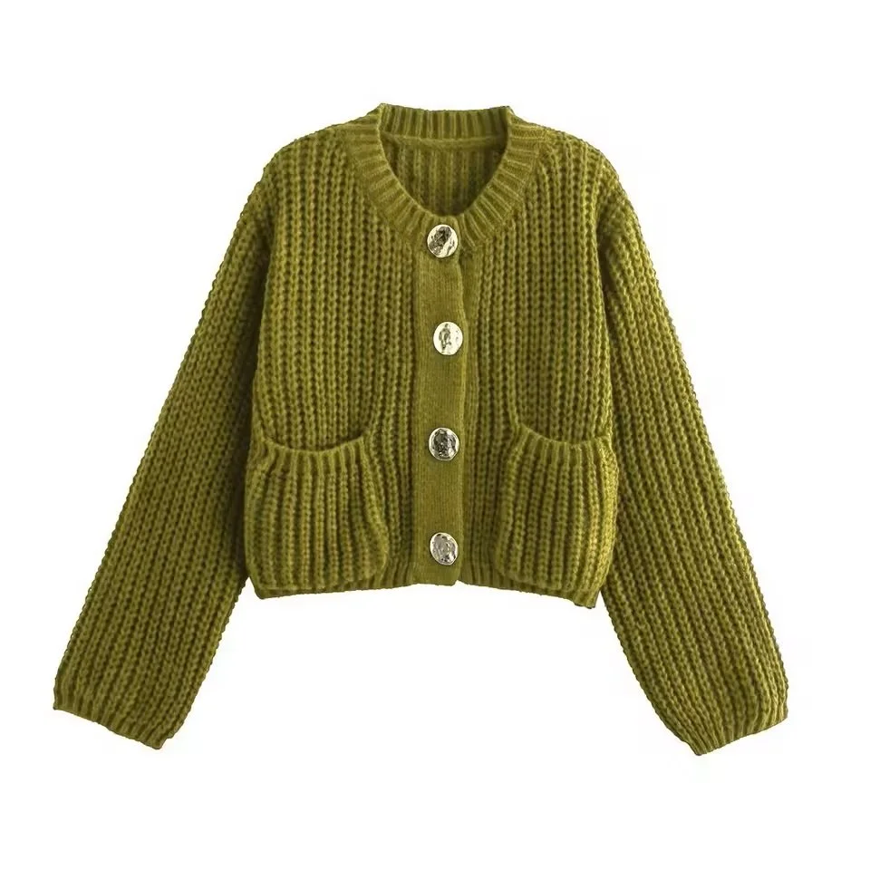 Olive green chunky knit cardigan sweater with large buttons and front pockets