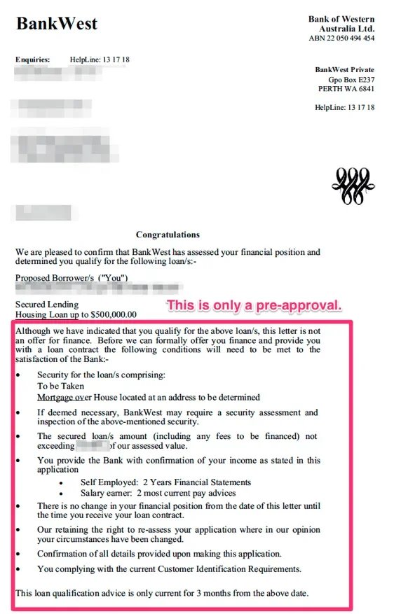 Example of an Australian home loan pre-approval letter showing conditional approval details