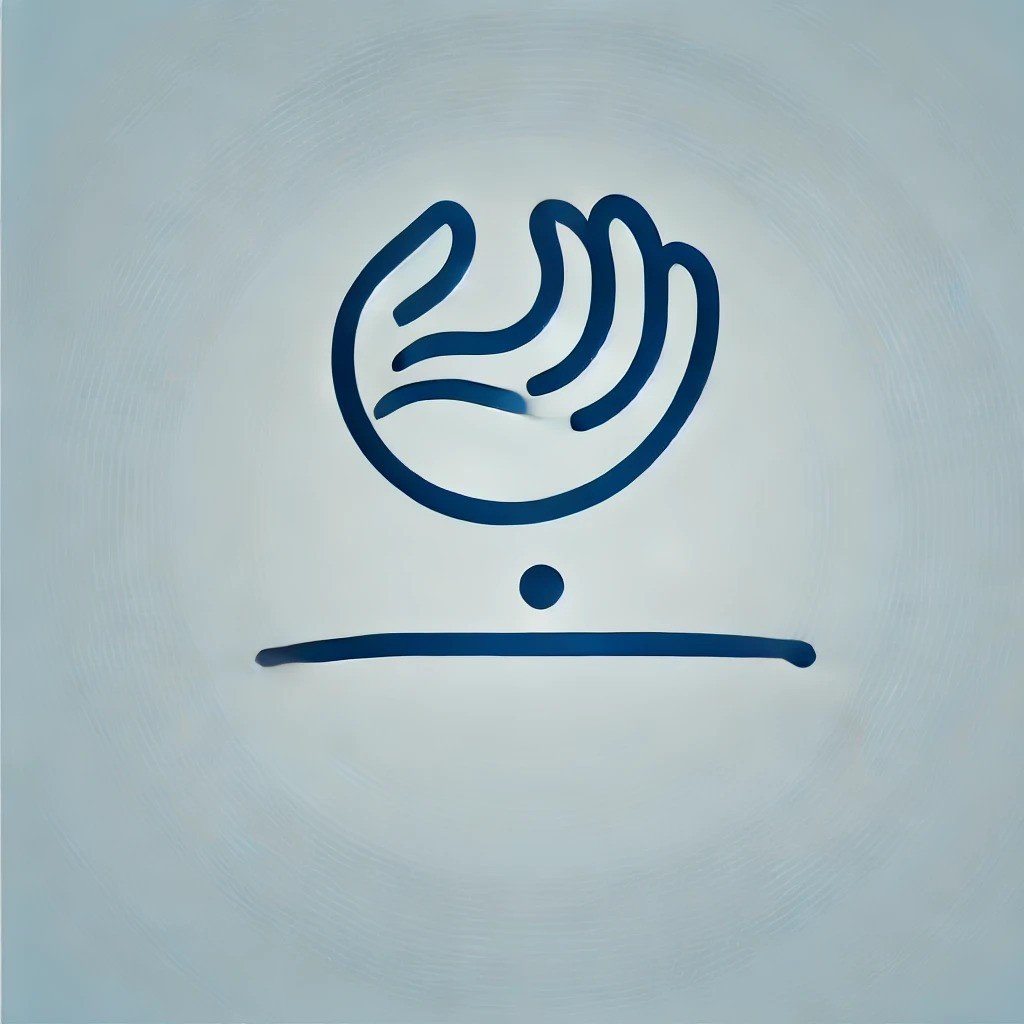 A simple, stylized illustration of a hand with a small circle and line underneath it, in blue on a light background.