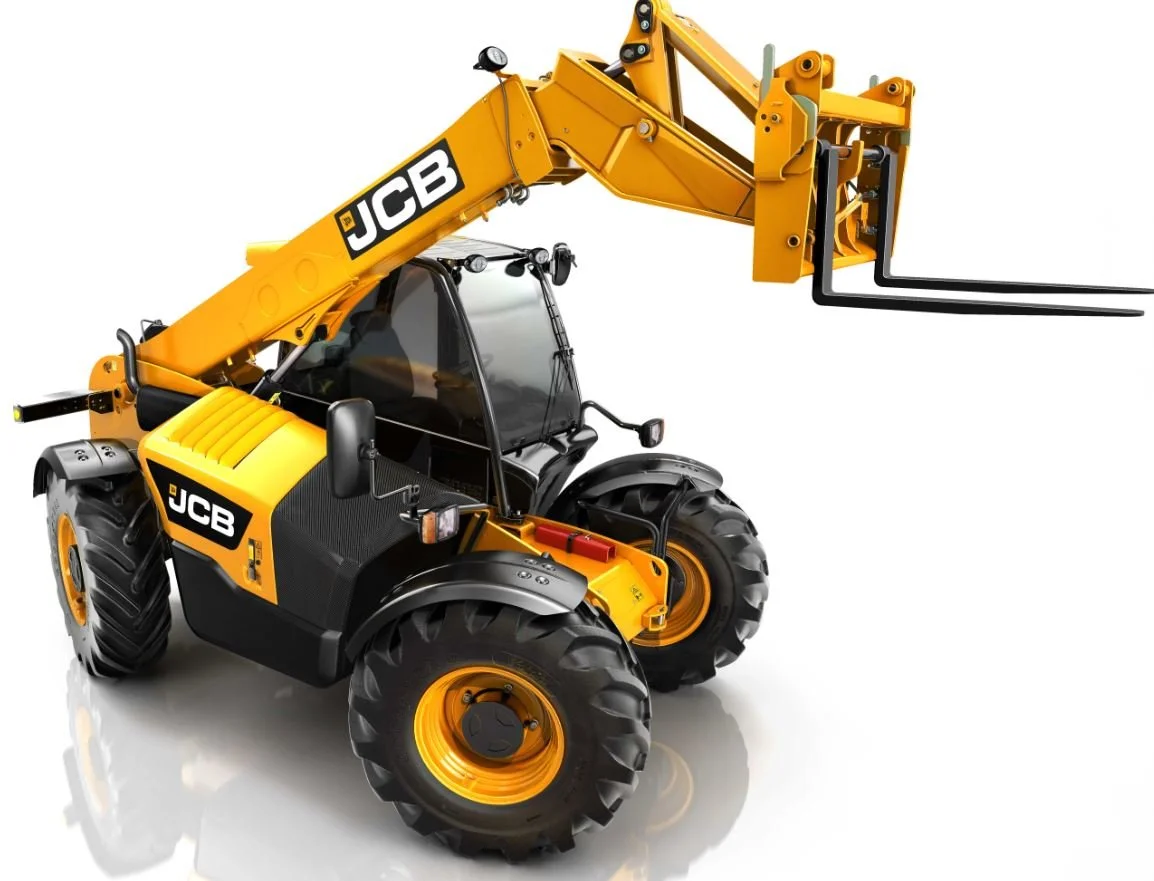 Yellow JCB telehandler with extended telescopic boom and black tires, positioned at an angle against a white background.