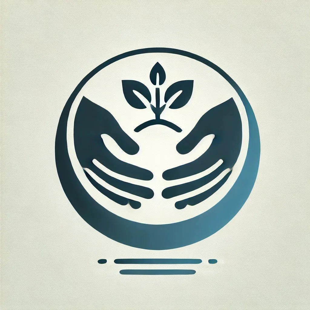 Icon of two hands cradling a small plant with three leaves and a candle on top, symbolizing growth and care.