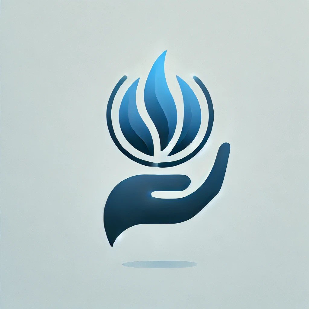 A stylized graphic of a hand holding a blue flame with abstract curved lines surrounding it.