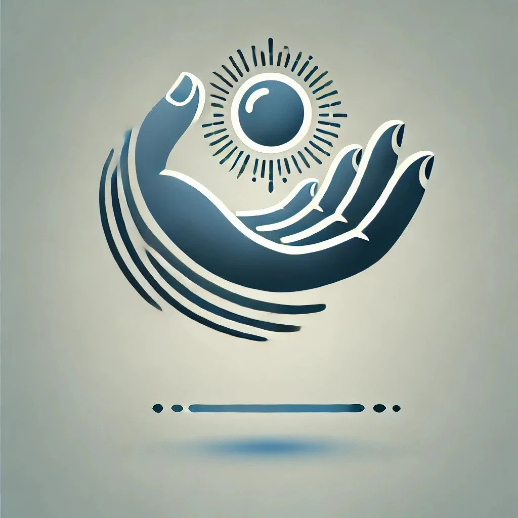 Stylized graphic of a hand holding a glowing or shining orb, surrounded by radiating lines.