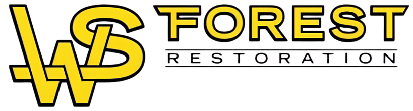 Logo for WSB Forest Restoration with bold yellow and black text.