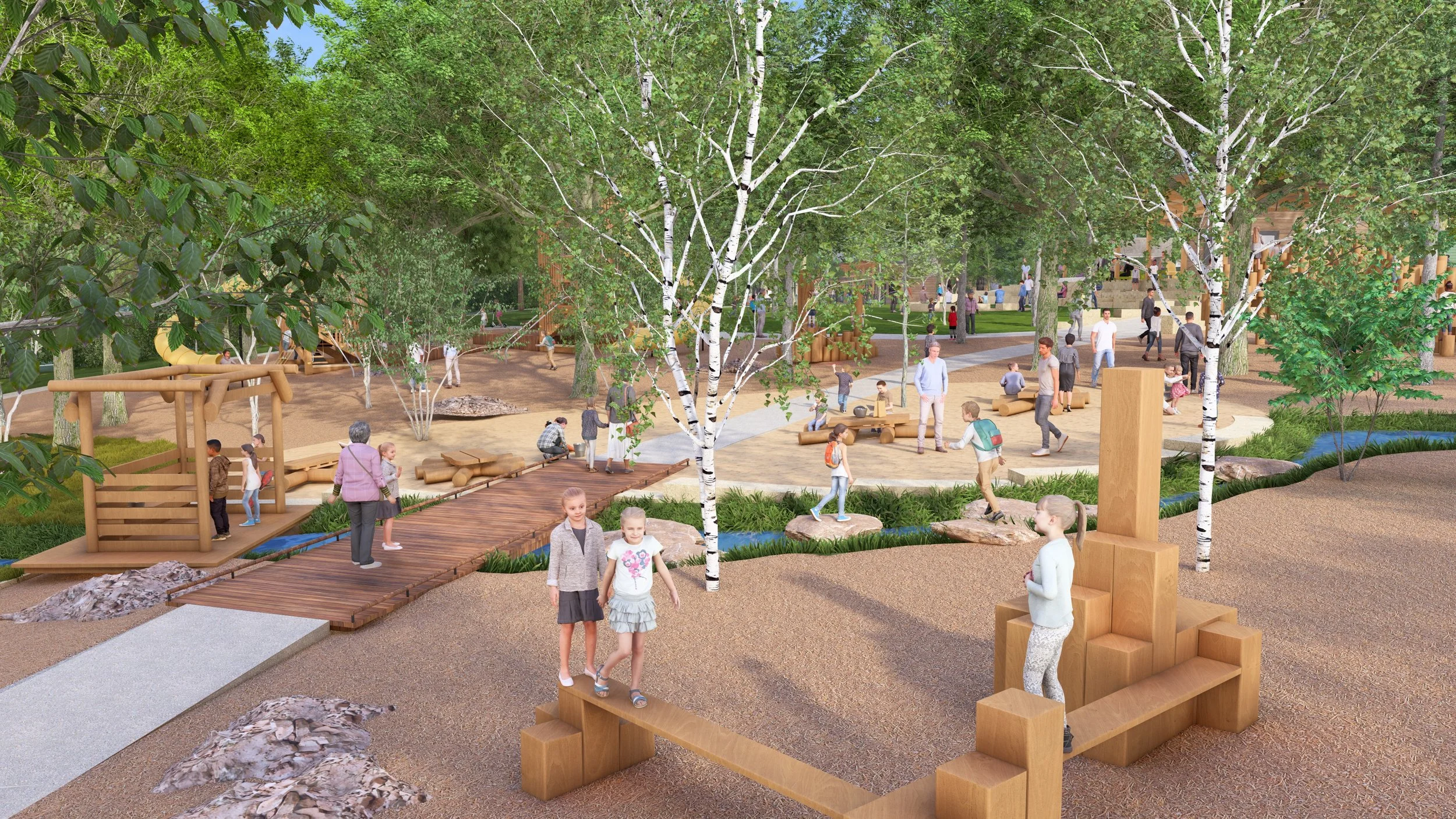 Children playing on wooden balance beams and rocks in outdoor play area