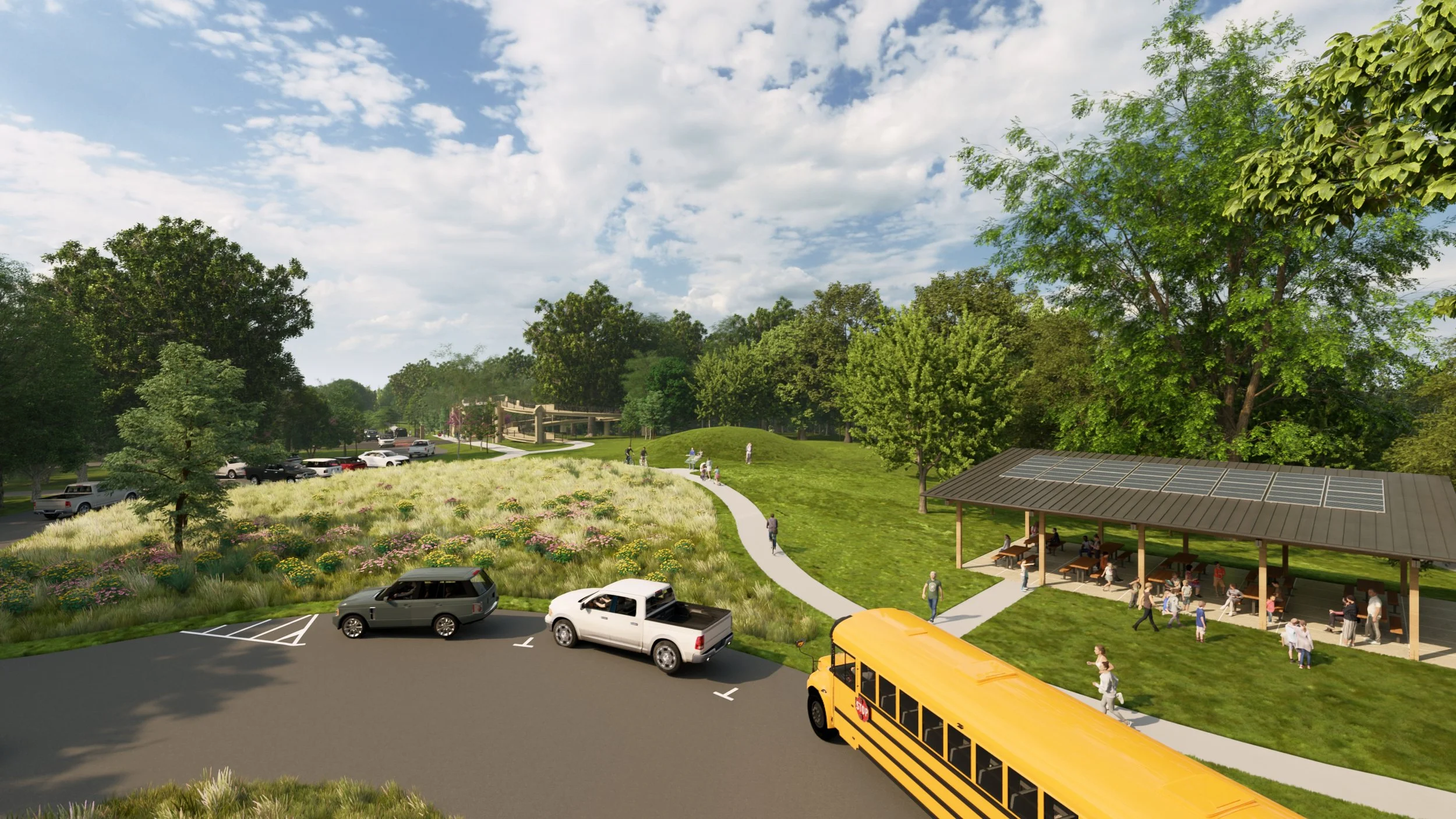Parking area and picnic shelter by the Adena Mound in newly proposed trailhead.